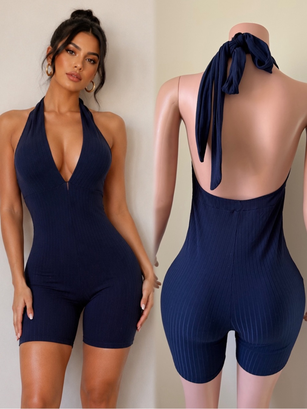 Navy Ribbed Halter Romper
